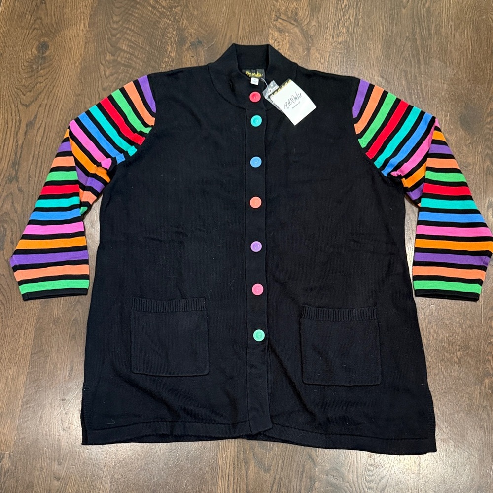NWT Bob Mackie Black Duster Cardigan with Rainbow Sleeves and Colorful Buttons